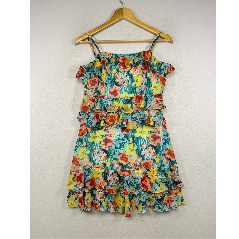 Summer Tropical Lulus Womens M Teal Floral Tiered‎ Ruffle Mini Dress Chiffon